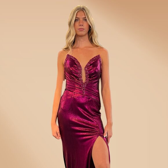 New Strapless Rhinestones Embellished Maxi Gown w/Illuison Plunging Neck AC 9076 - Picture 1 of 8